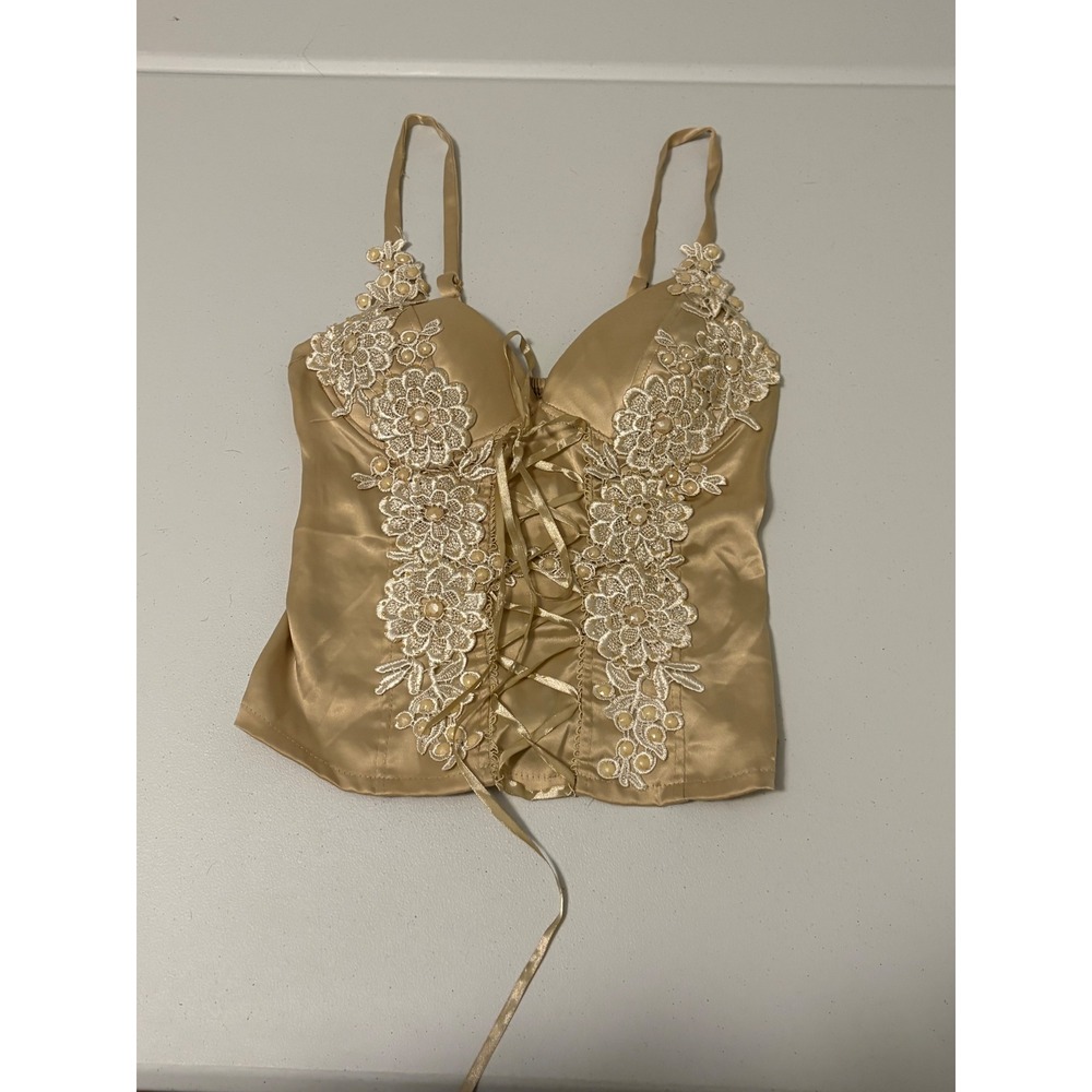 Body Central Gold Satin Lace Up Corset Top Pearl Floral Lace fairy whimsy y2k c5 - Picture 2 of 9